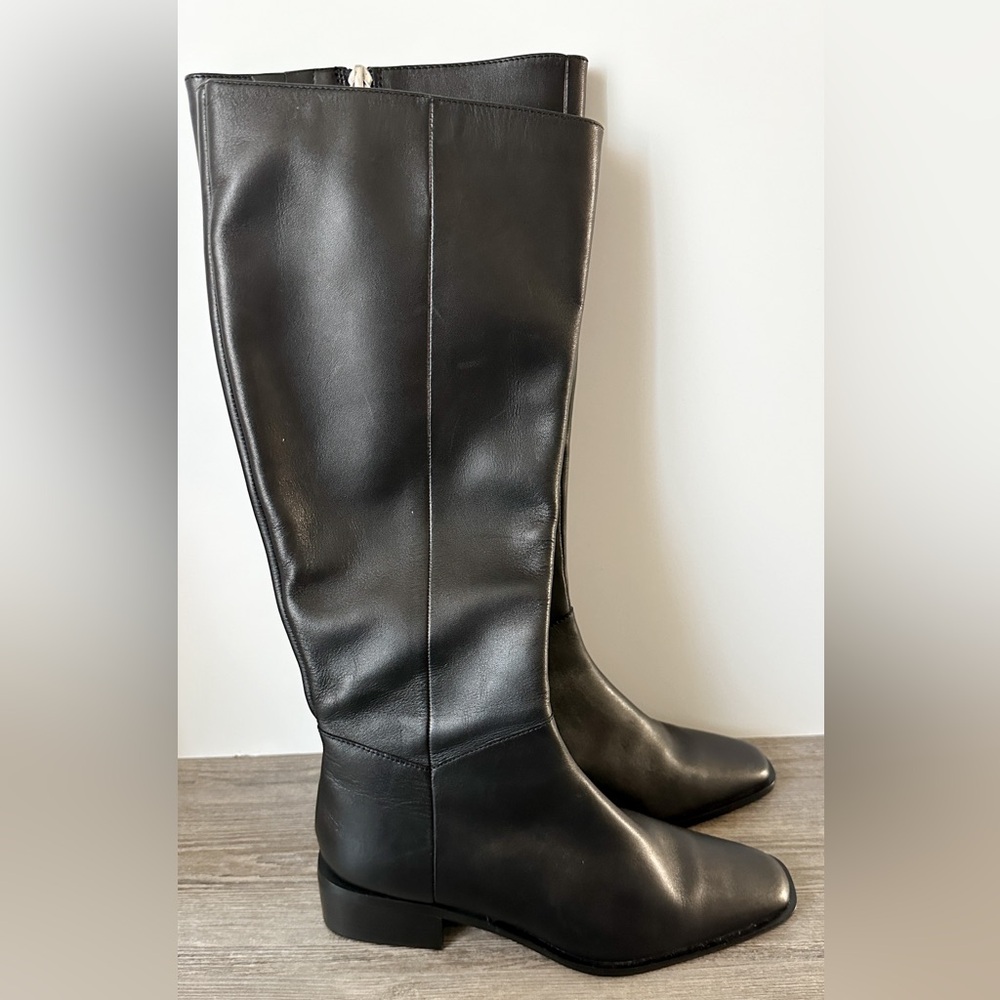 NWOB! Linea Paolo Block Heel Knee High Leather Boots Side Zip Black Women's 8M